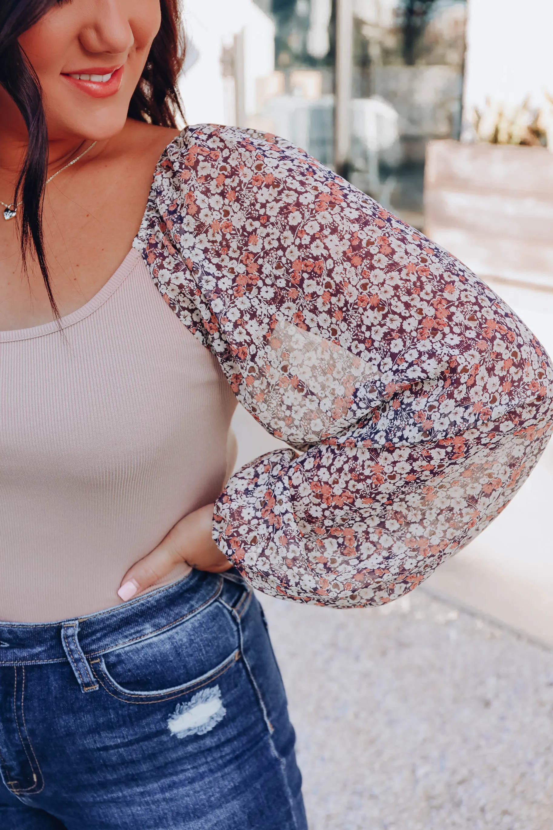 Falling For Floral Bodysuit - Tan/Navy