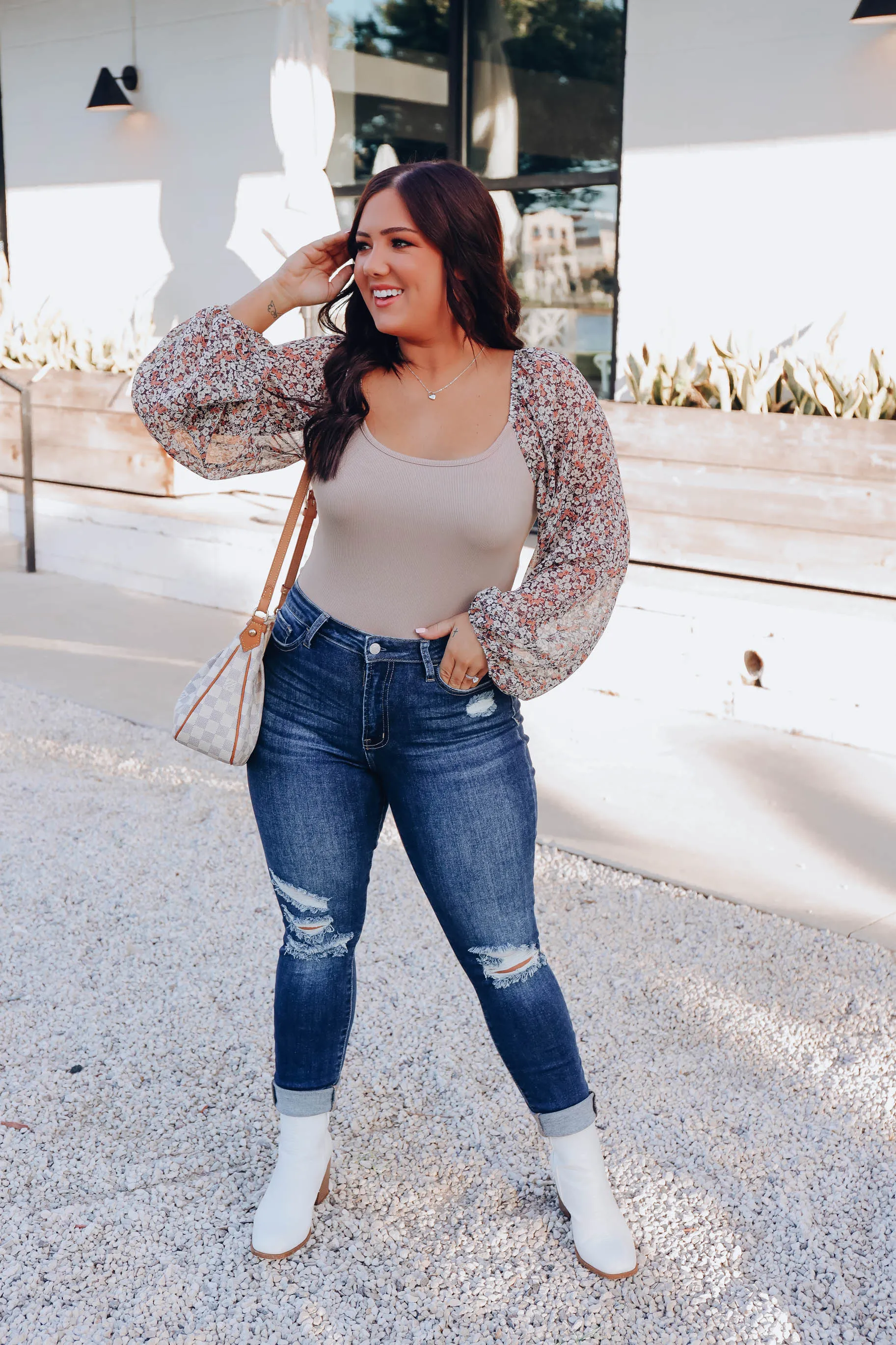 Falling For Floral Bodysuit - Tan/Navy