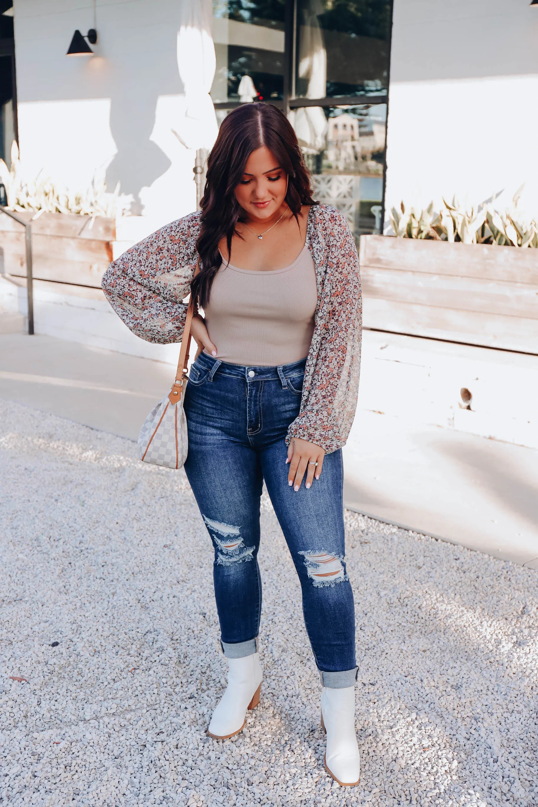 Falling For Floral Bodysuit - Tan/Navy