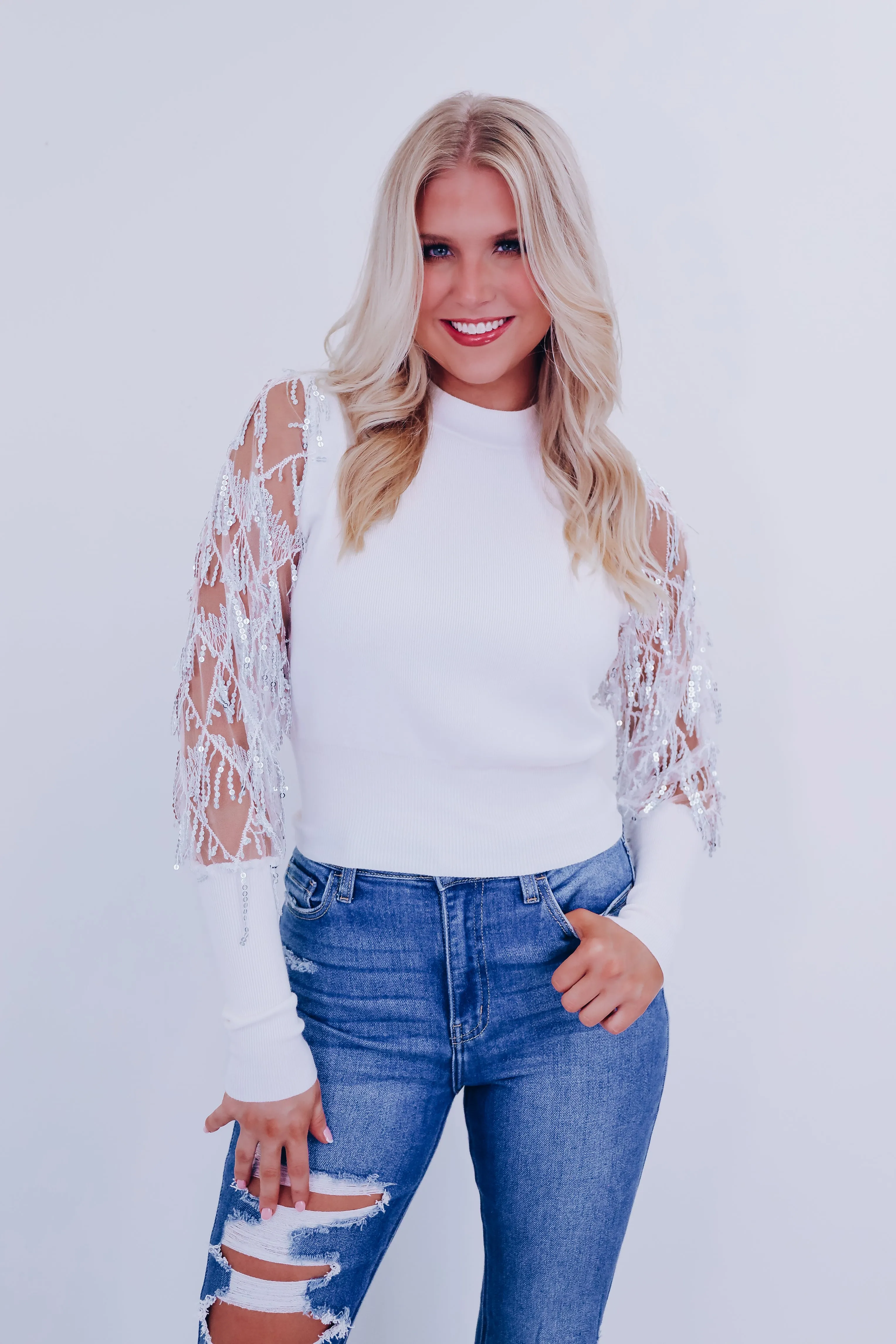 Fringe Trim Sequin Sleeve Sweater - White