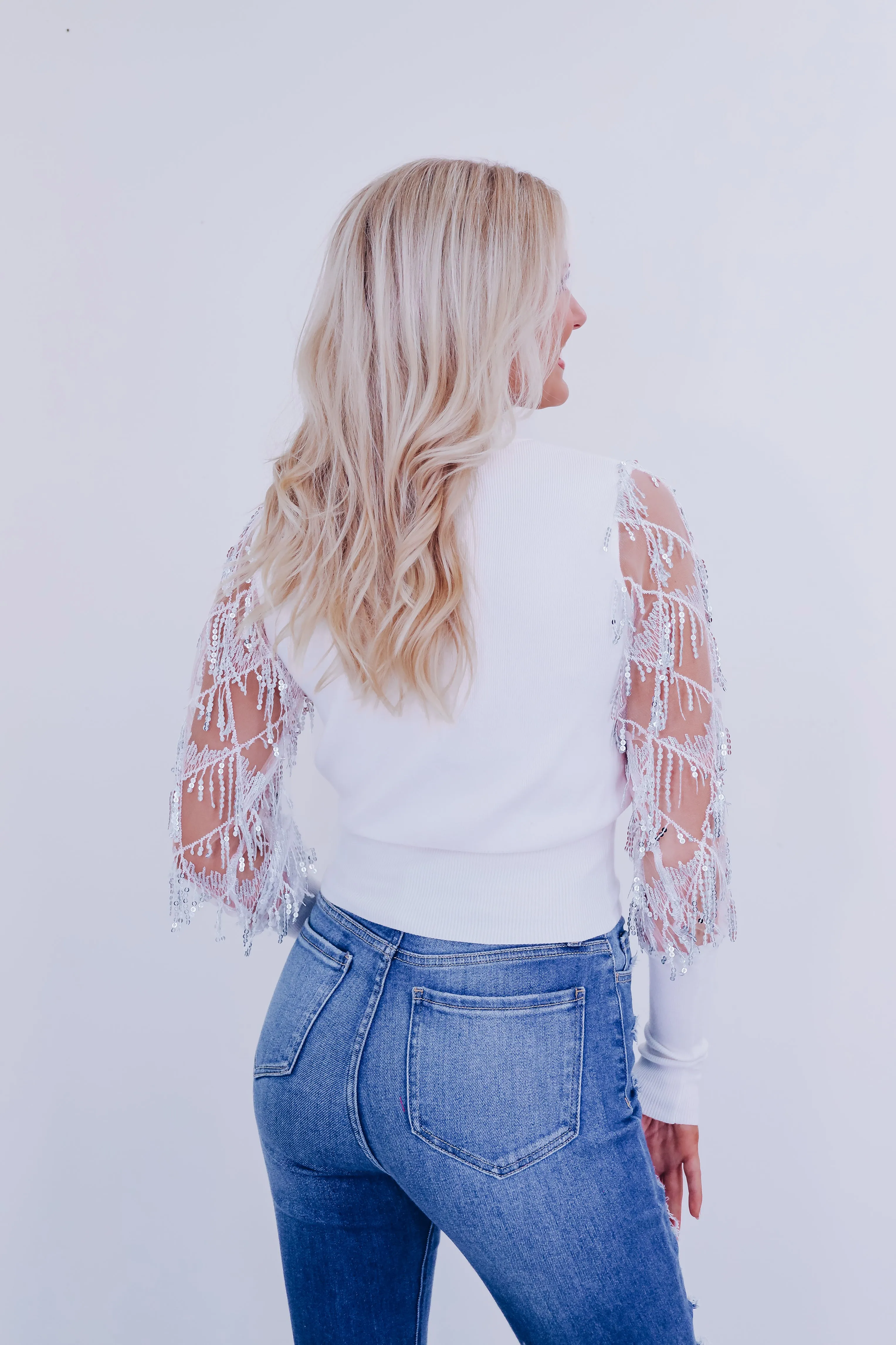 Fringe Trim Sequin Sleeve Sweater - White