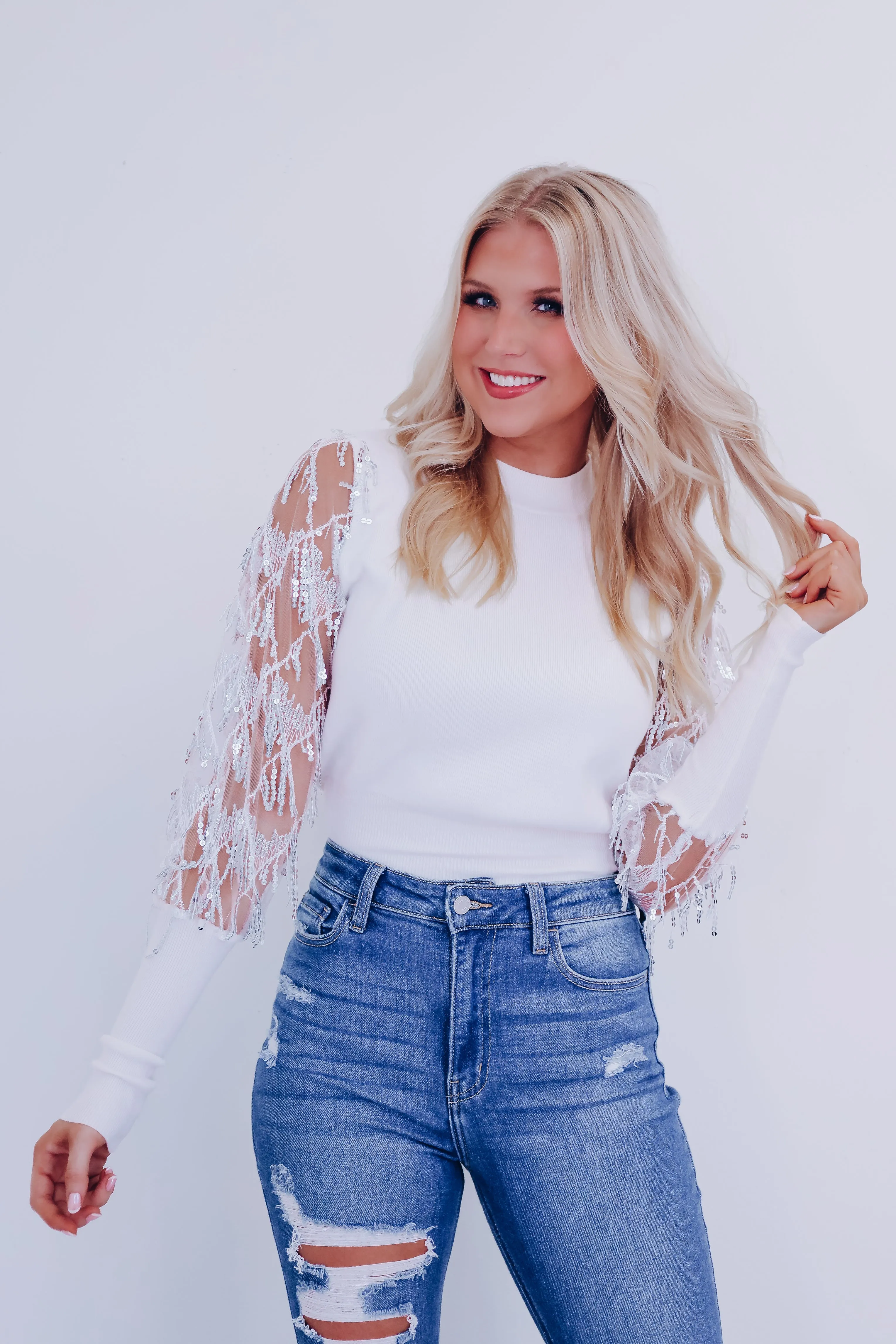 Fringe Trim Sequin Sleeve Sweater - White