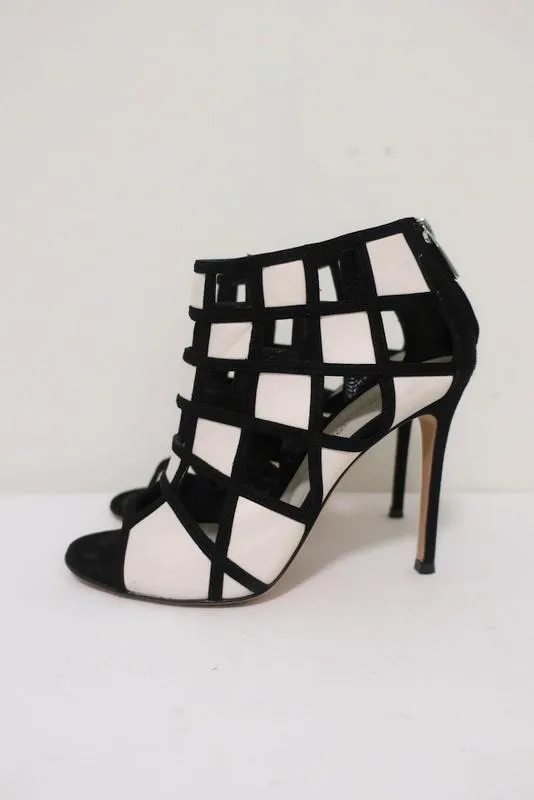 Gianvito Rossi Geometric Cutout Booties Black Suede & White Leather Size 36.5