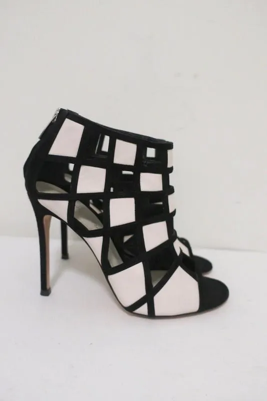 Gianvito Rossi Geometric Cutout Booties Black Suede & White Leather Size 36.5