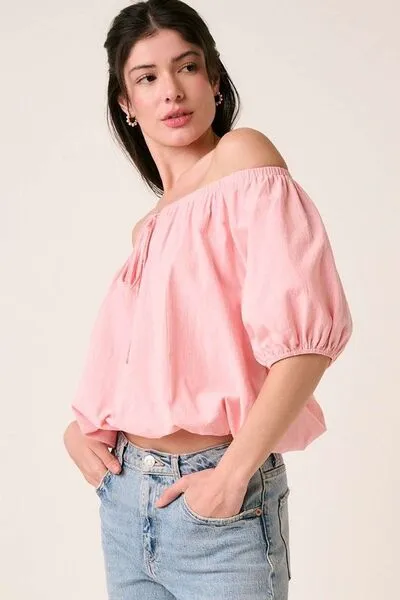 Hazel Blues® |  Mittoshop Linen Two-Way Short Sleeve Crop Blouse