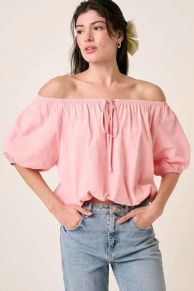 Hazel Blues® |  Mittoshop Linen Two-Way Short Sleeve Crop Blouse