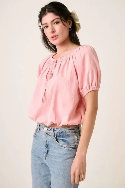 Hazel Blues® |  Mittoshop Linen Two-Way Short Sleeve Crop Blouse
