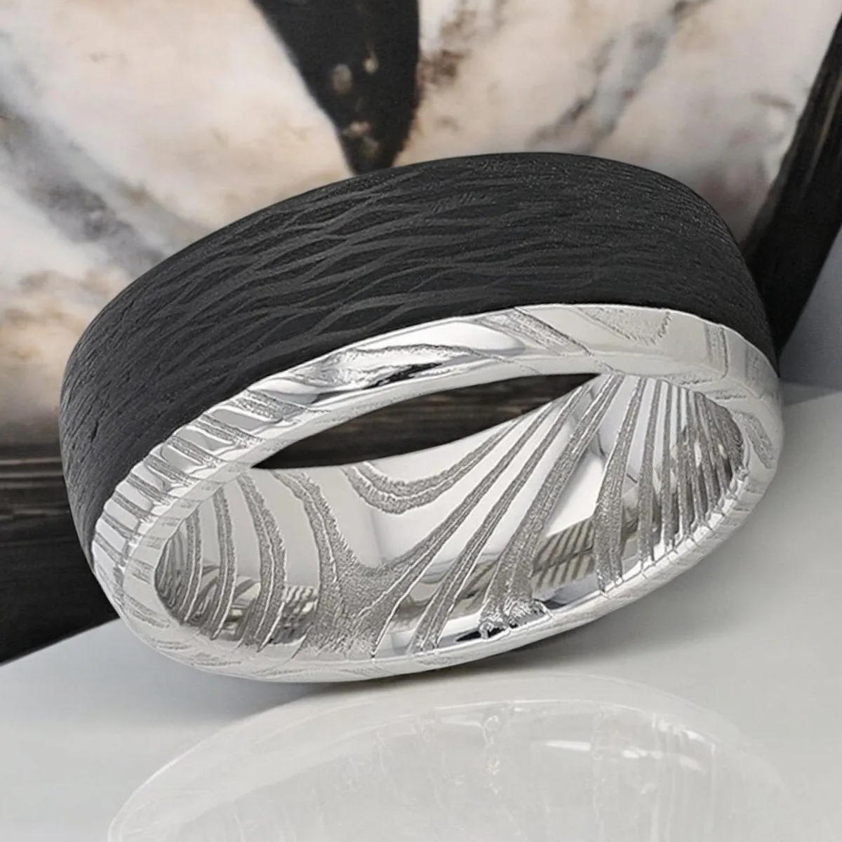 HUDSON | Silver Damascus Steel Ring, Carbon Fiber Inlay