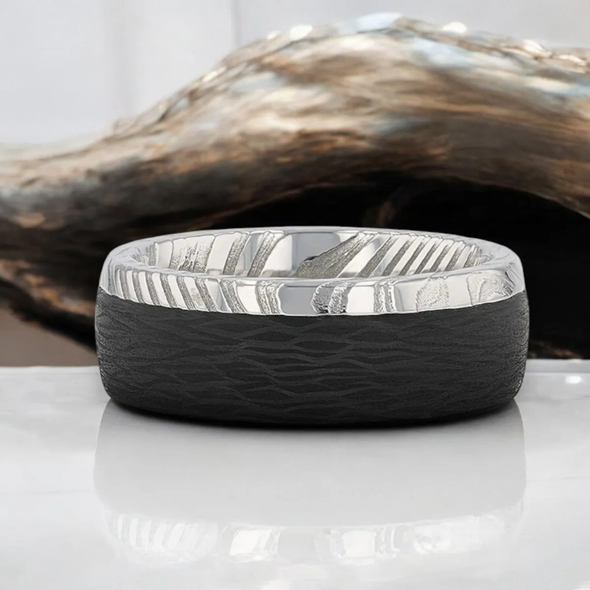 HUDSON | Silver Damascus Steel Ring, Carbon Fiber Inlay