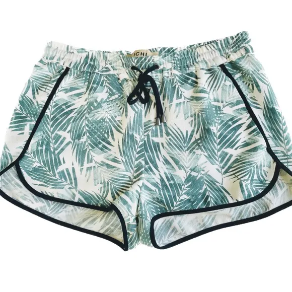 ICHI | S/M | Palm Fronds Leaf Black Piping Tropical Drawstring Light Mini Shorts