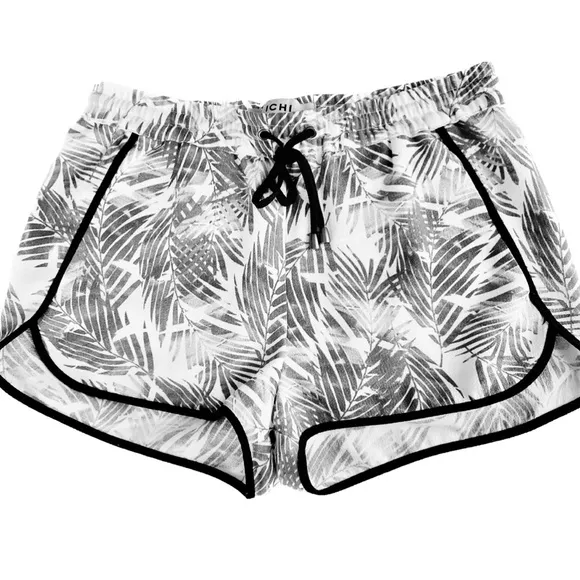 ICHI | S/M | Palm Fronds Leaf Black Piping Tropical Drawstring Light Mini Shorts