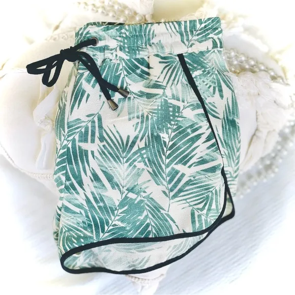 ICHI | S/M | Palm Fronds Leaf Black Piping Tropical Drawstring Light Mini Shorts