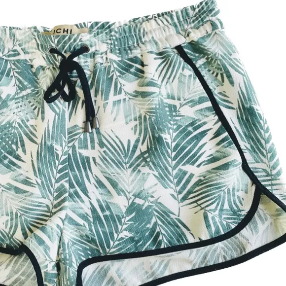 ICHI | S/M | Palm Fronds Leaf Black Piping Tropical Drawstring Light Mini Shorts