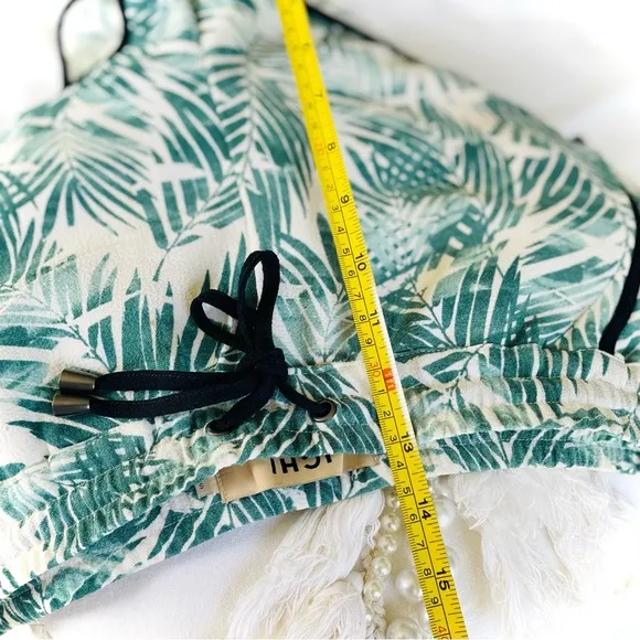 ICHI | S/M | Palm Fronds Leaf Black Piping Tropical Drawstring Light Mini Shorts