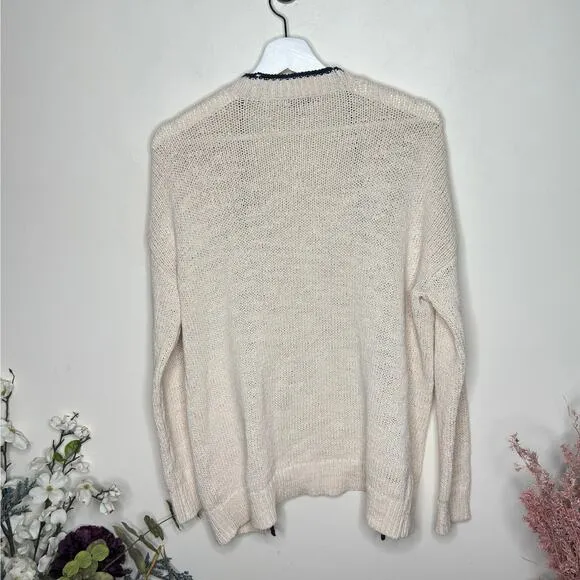 J. CREW Cardigan Beach Sweater Contrast Trim Ivory Black {3B7}