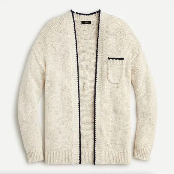 J. CREW Cardigan Beach Sweater Contrast Trim Ivory Black {3B7}