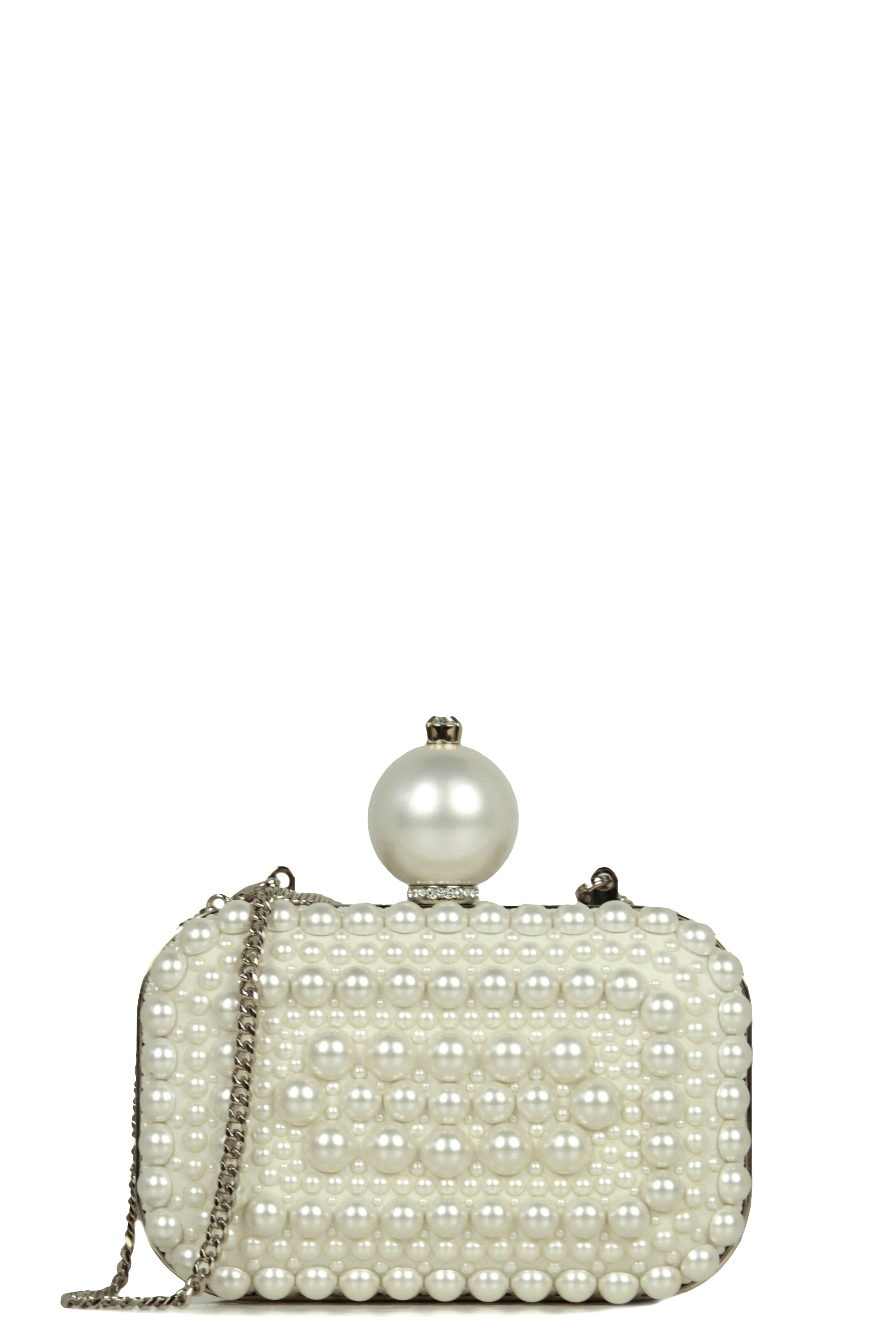 Jimmy Choo White Suede/ Faux Pearl Micro Cloud Clutch Bag with Chain Strap
