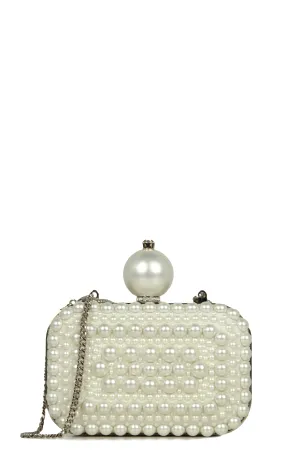 Jimmy Choo White Suede/ Faux Pearl Micro Cloud Clutch Bag with Chain Strap