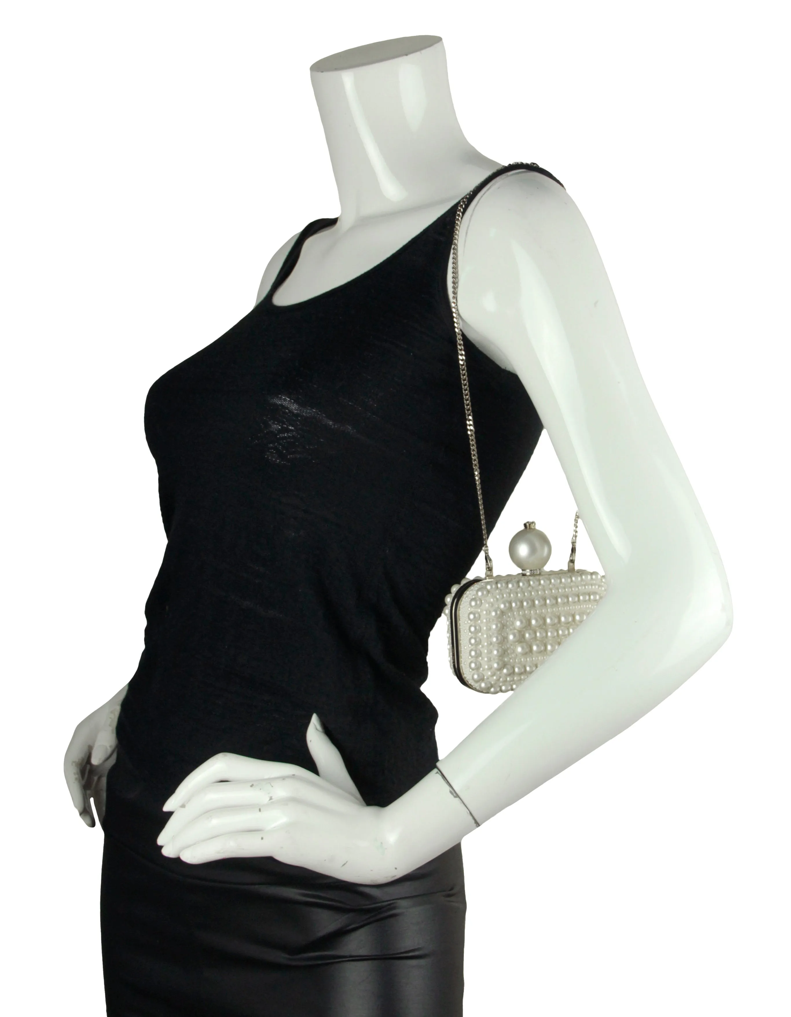 Jimmy Choo White Suede/ Faux Pearl Micro Cloud Clutch Bag with Chain Strap