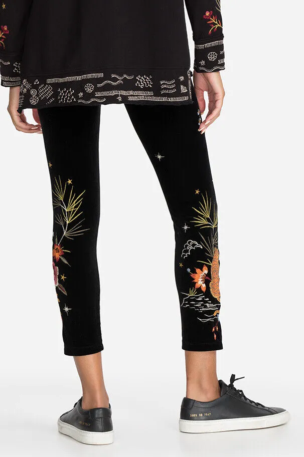 Johnny Was Keone Velvet Leggings Pant Floral Embroidery Legging Black Pants NEW