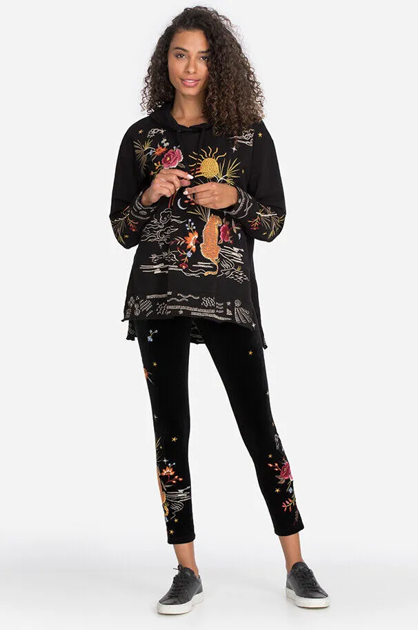 Johnny Was Keone Velvet Leggings Pant Floral Embroidery Legging Black Pants NEW
