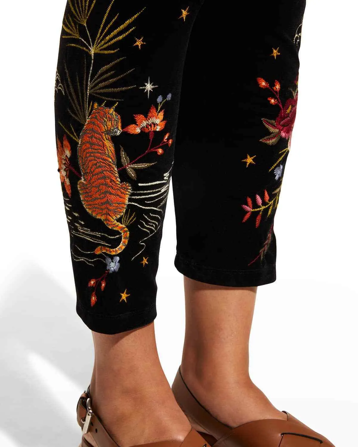 Johnny Was Keone Velvet Leggings Pant Floral Embroidery Legging Black Pants NEW