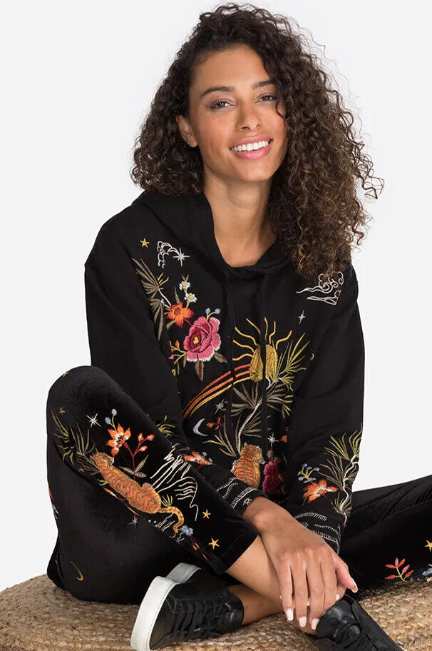 Johnny Was Keone Velvet Leggings Pant Floral Embroidery Legging Black Pants NEW