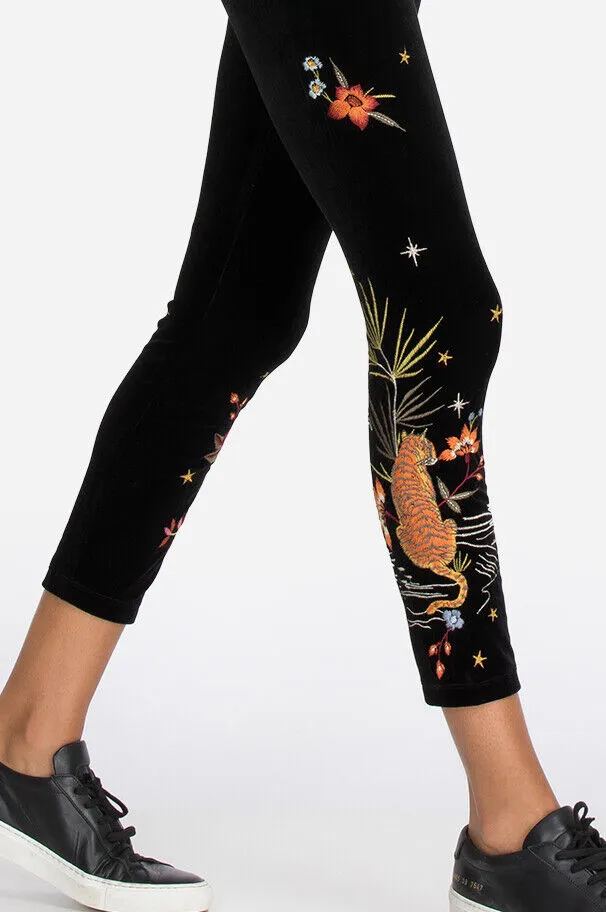Johnny Was Keone Velvet Leggings Pant Floral Embroidery Legging Black Pants NEW