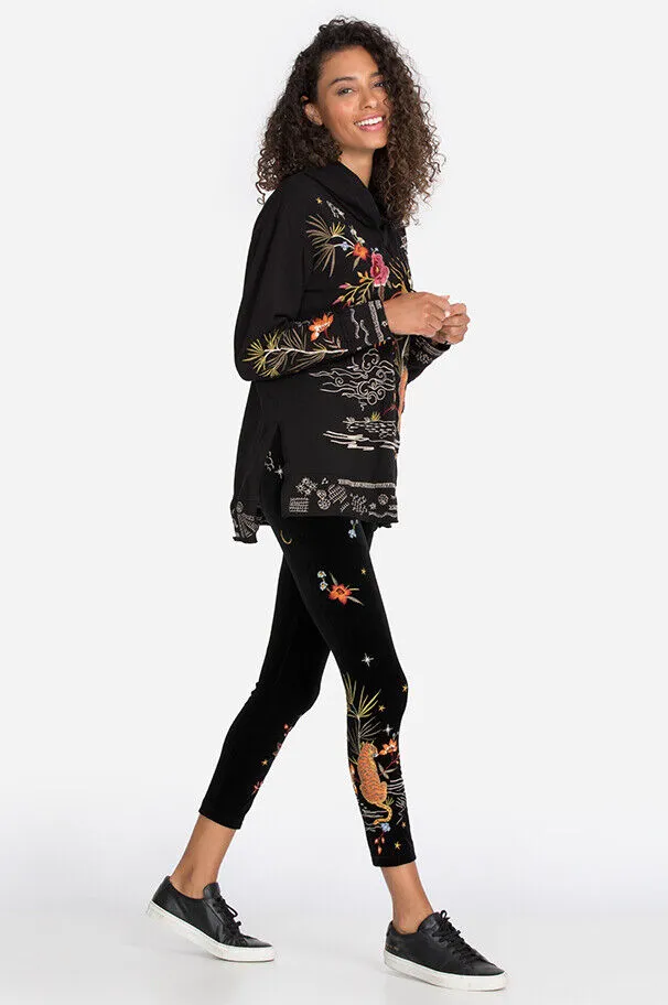 Johnny Was Keone Velvet Leggings Pant Floral Embroidery Legging Black Pants NEW