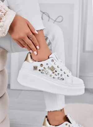 KELLY - Sneakers bianche con zeppa e applicazioni gioiello oro