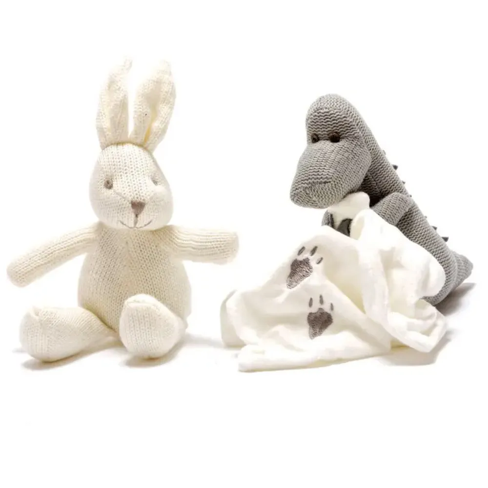Knitted Grey Diplodocus Dinosaur With Comfort Blanket