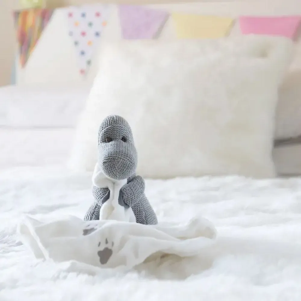 Knitted Grey Diplodocus Dinosaur With Comfort Blanket