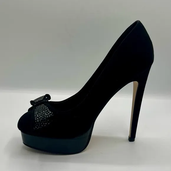KURT GEIGER MISS KG Rhinestone Bowed Black Suede Heels EU Size 37 US 7