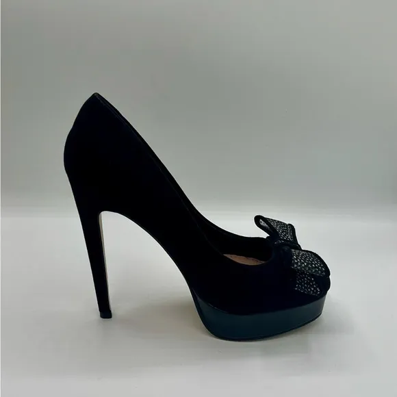 KURT GEIGER MISS KG Rhinestone Bowed Black Suede Heels EU Size 37 US 7