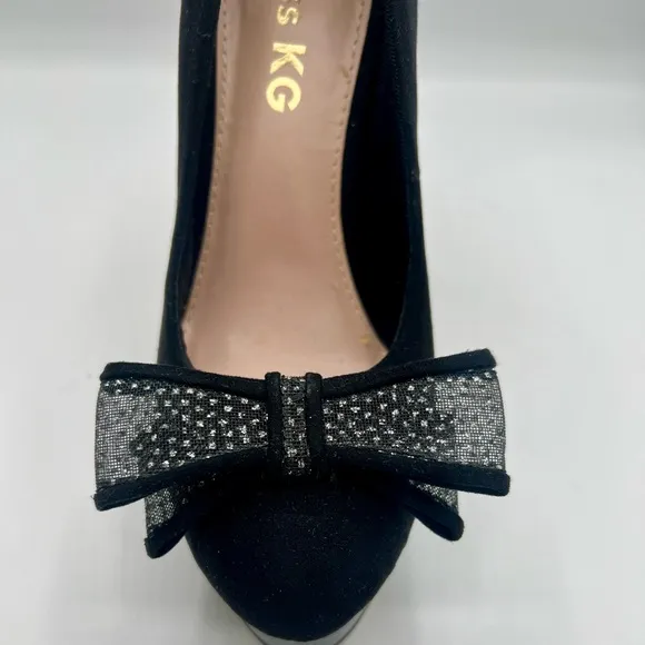 KURT GEIGER MISS KG Rhinestone Bowed Black Suede Heels EU Size 37 US 7