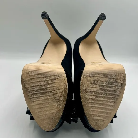 KURT GEIGER MISS KG Rhinestone Bowed Black Suede Heels EU Size 37 US 7