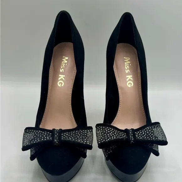 KURT GEIGER MISS KG Rhinestone Bowed Black Suede Heels EU Size 37 US 7