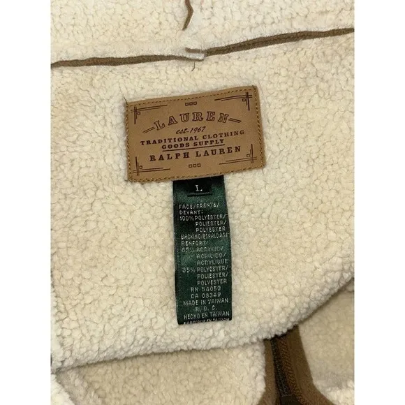 Lauren Ralph Lauren Size L Brown Hooded Fleece Lined Faux Suede Zip-up Vest