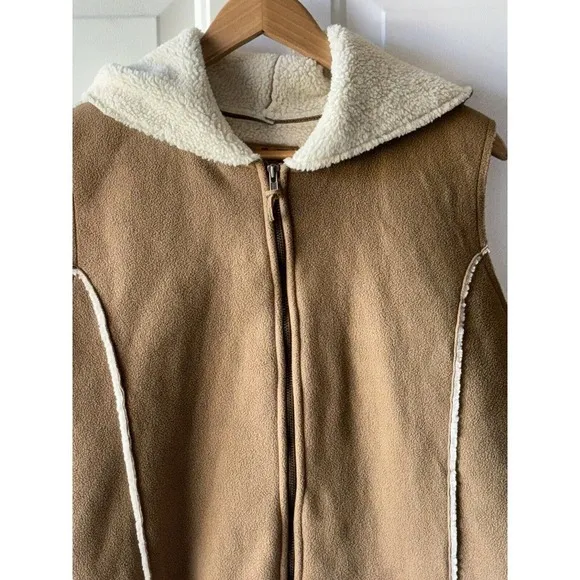Lauren Ralph Lauren Size L Brown Hooded Fleece Lined Faux Suede Zip-up Vest