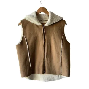 Lauren Ralph Lauren Size L Brown Hooded Fleece Lined Faux Suede Zip-up Vest
