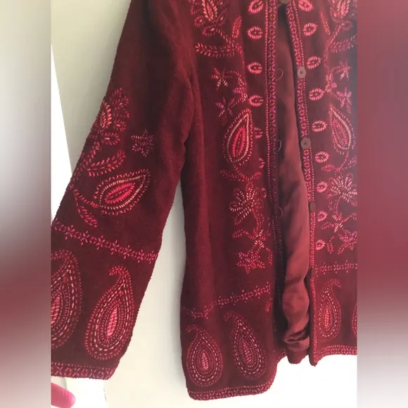 Linea by Louis dell’Olio Wool Coat paisley embroidery floral red burgundy