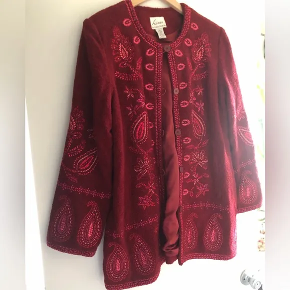 Linea by Louis dell’Olio Wool Coat paisley embroidery floral red burgundy