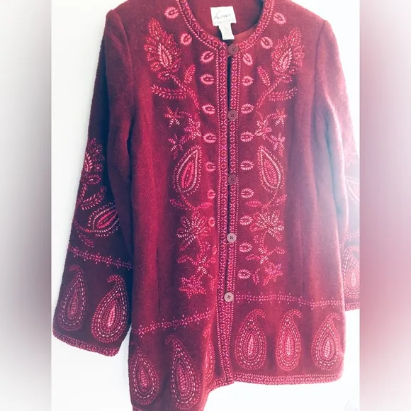 Linea by Louis dell’Olio Wool Coat paisley embroidery floral red burgundy
