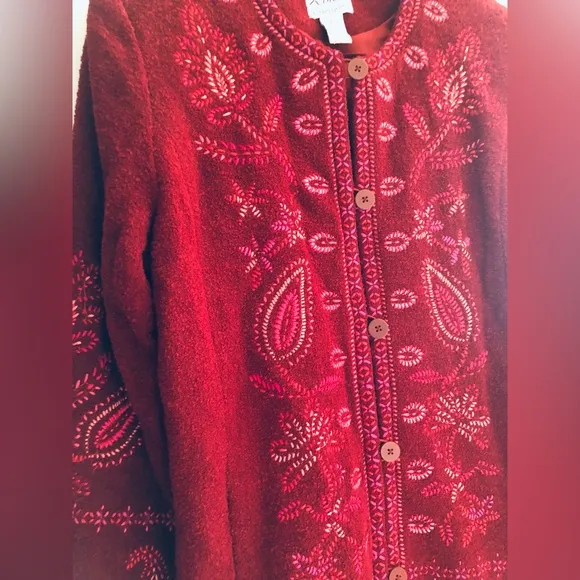 Linea by Louis dell’Olio Wool Coat paisley embroidery floral red burgundy