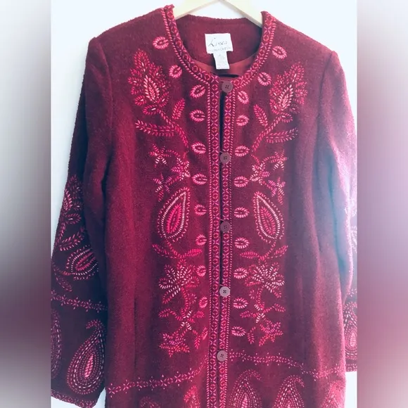 Linea by Louis dell’Olio Wool Coat paisley embroidery floral red burgundy