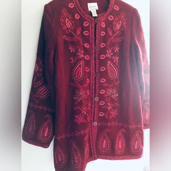 Linea by Louis dell’Olio Wool Coat paisley embroidery floral red burgundy