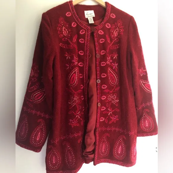 Linea by Louis dell’Olio Wool Coat paisley embroidery floral red burgundy