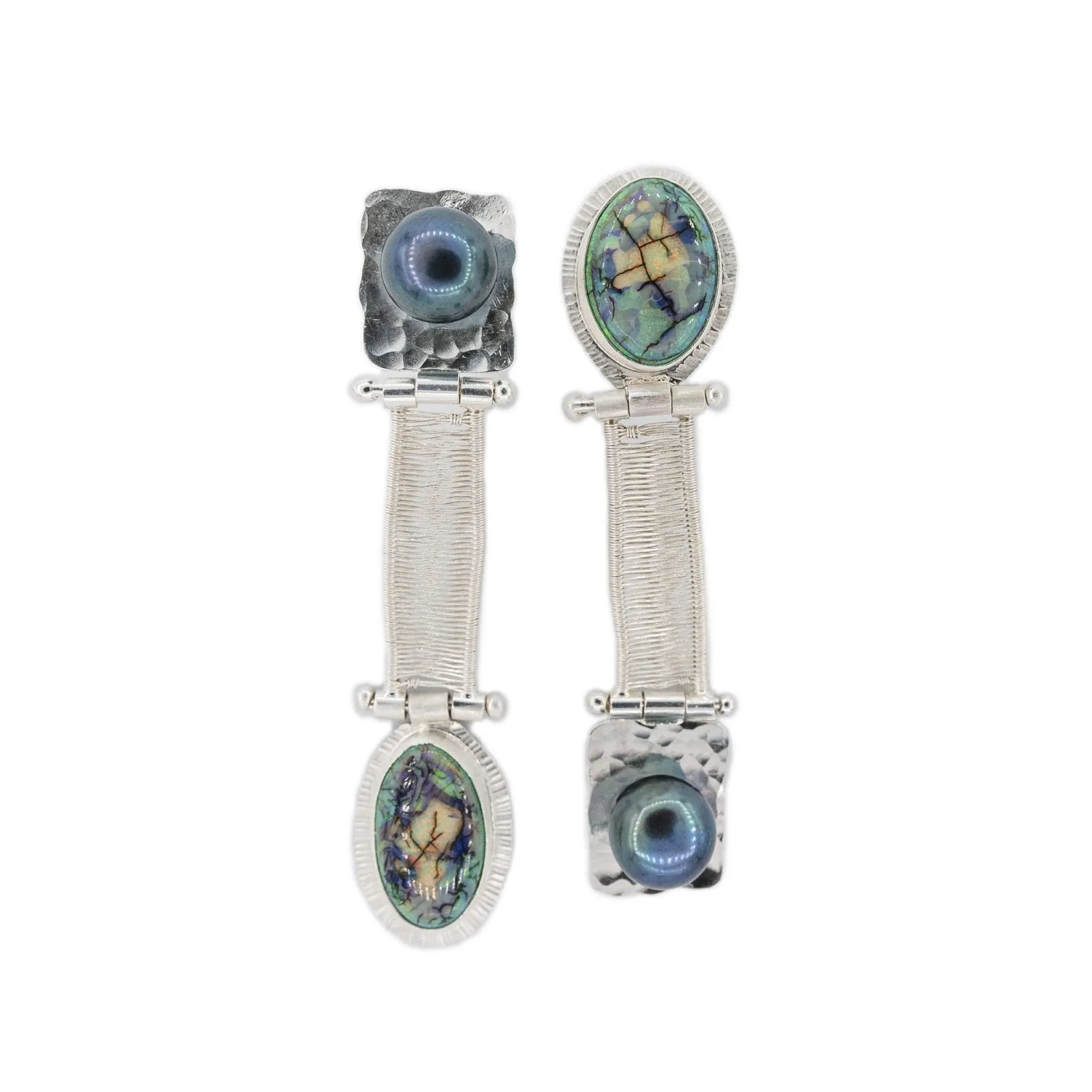 Lyris - Double Opal Hinged Woven Silver Bridge Earrings with Black Pearls