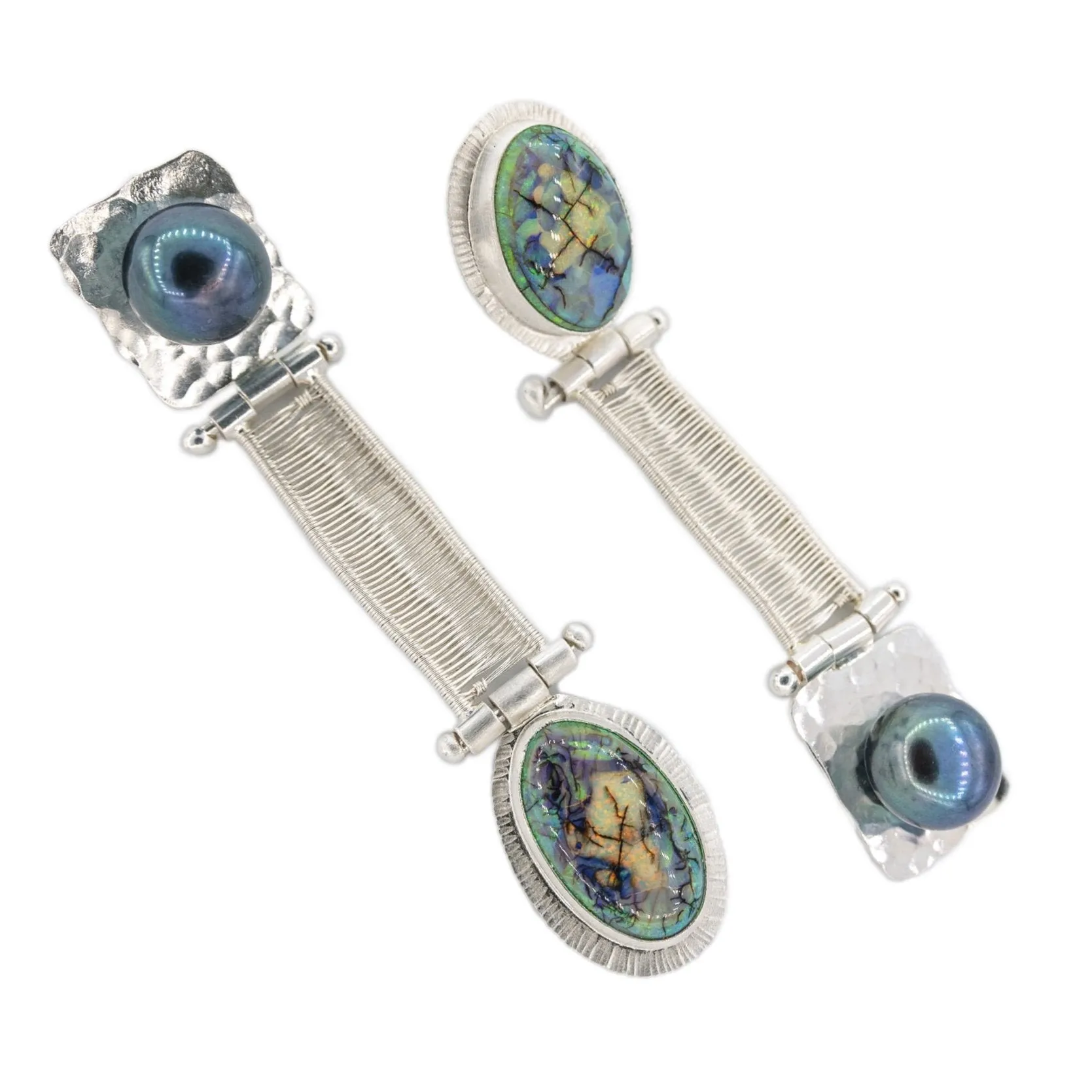 Lyris - Double Opal Hinged Woven Silver Bridge Earrings with Black Pearls