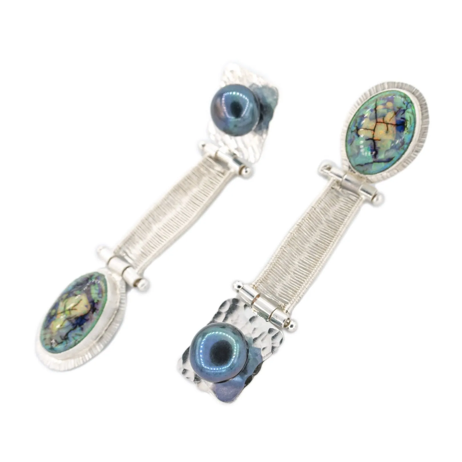 Lyris - Double Opal Hinged Woven Silver Bridge Earrings with Black Pearls